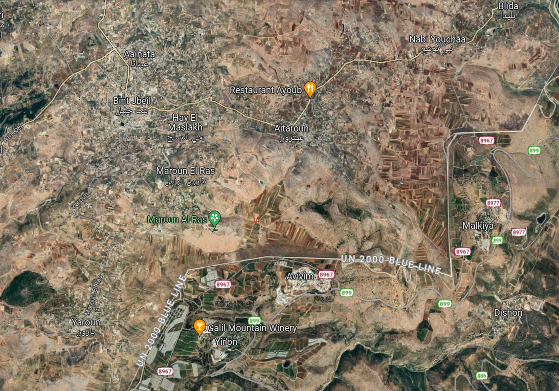 خريطة منطقة بنت جبيل والقرى المجاورة لها